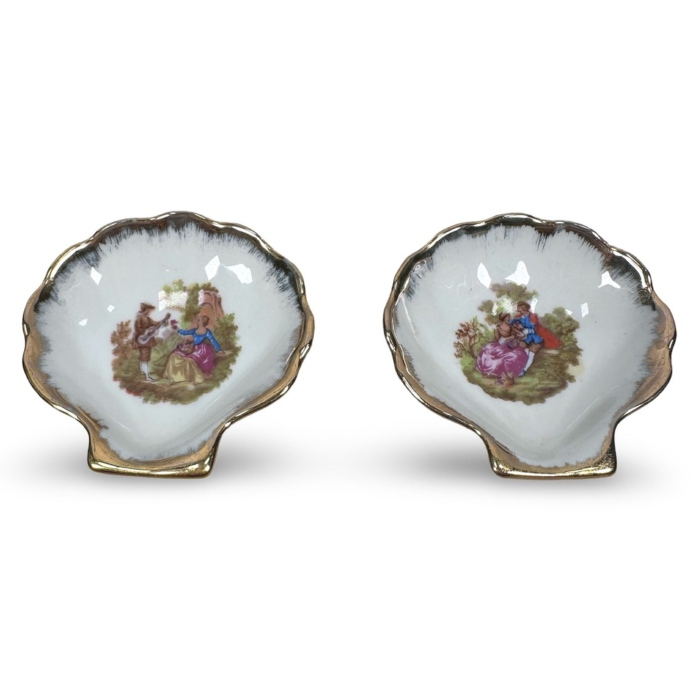 Vintage Limoges Porcelain Shell Trinket Dish Set 2 Fragonard Courting Couple